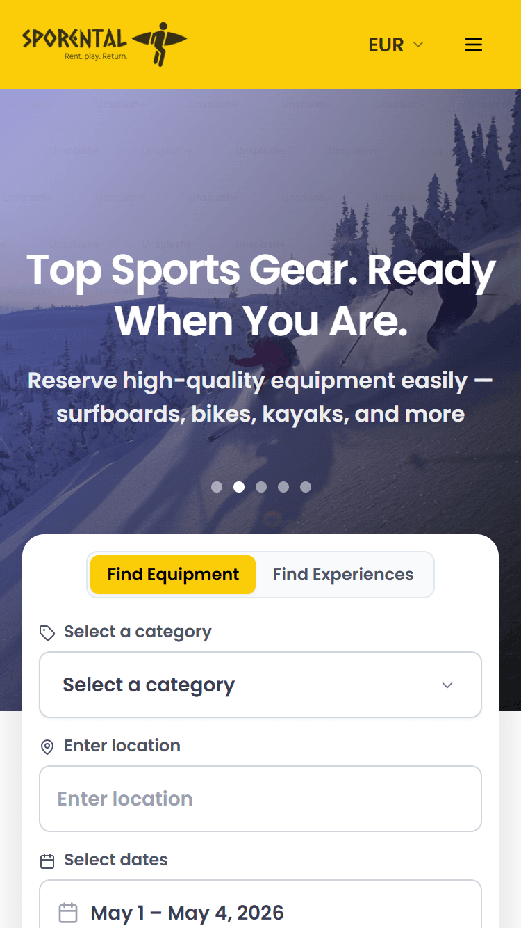 Sporental homepage on mobile, showing sports gear rental search